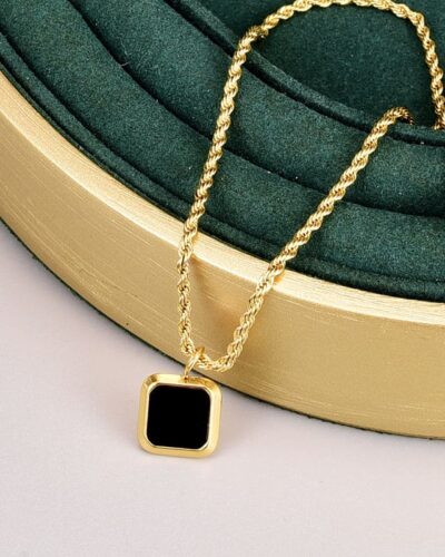18K Gold Plated Women's Rope Chain Necklace Black Pendant