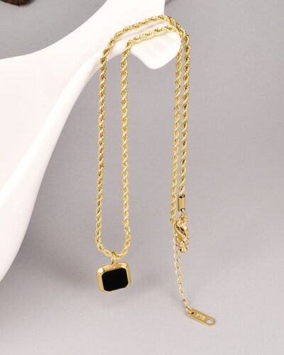 18K Gold Plated Women's Rope Chain Necklace Black Pendant