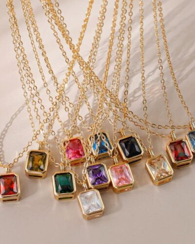 18K Gold Square Cut Rhinestone Personalized Birth Month Necklace