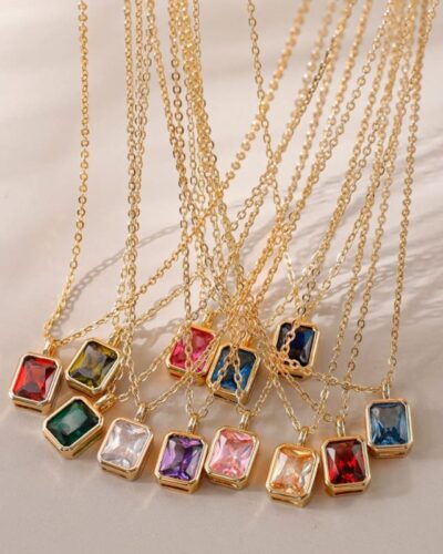 18K Gold Square Cut Zircon Personalized 12 Birth Month Necklace
