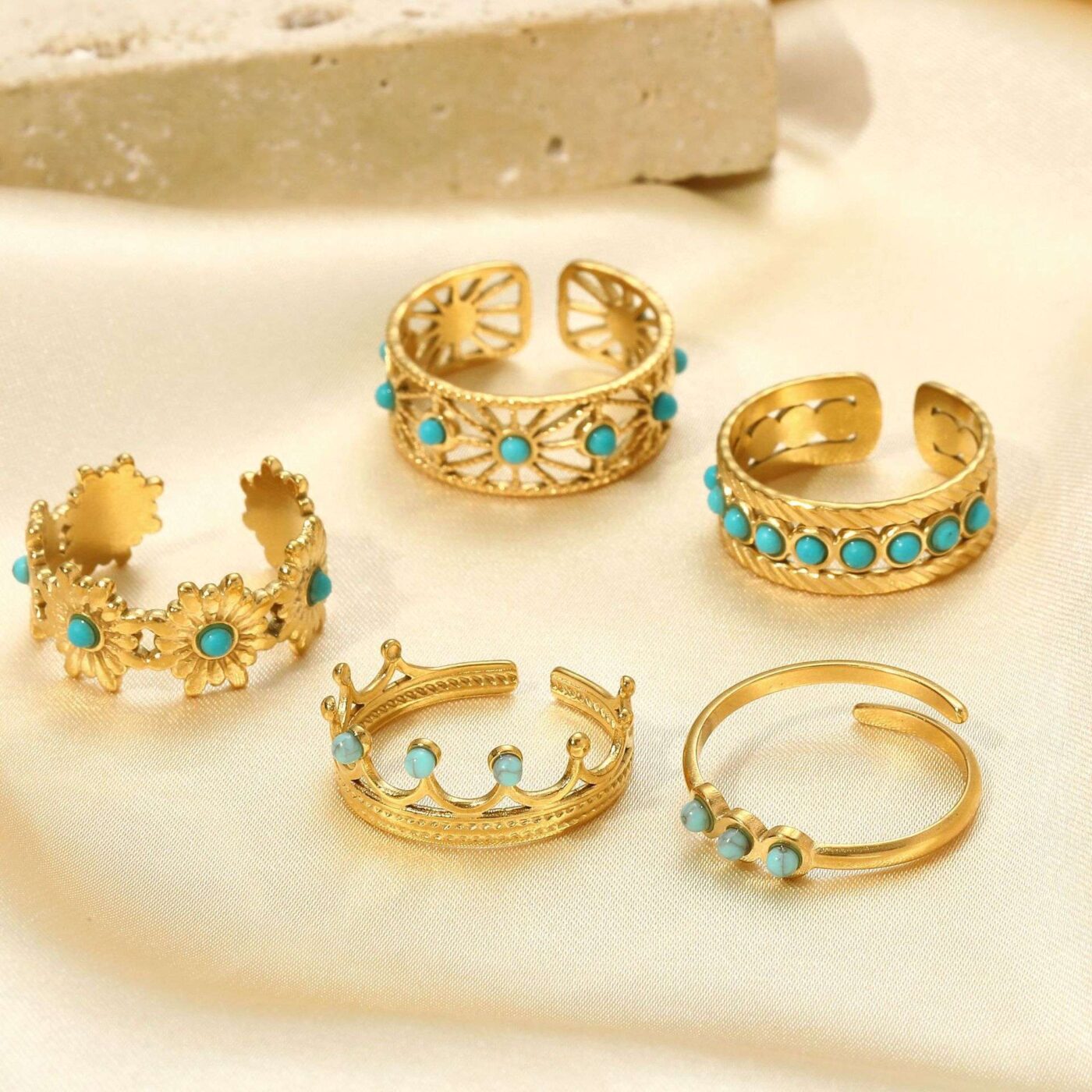 18k Gold Plated Adjustable Stainless Steel Turquoise Ring