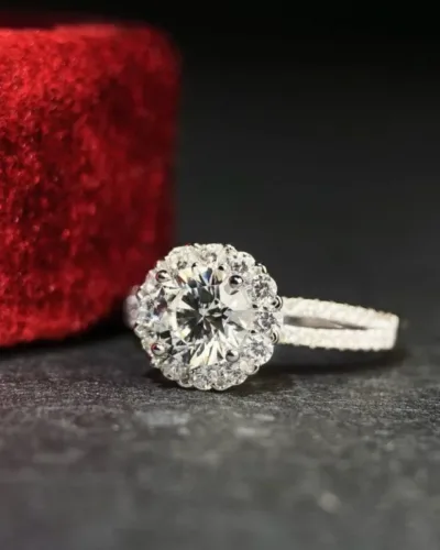 1CT Shiny Round Halo Moissanite Engagement Ring Split Shank Anniversary Gift