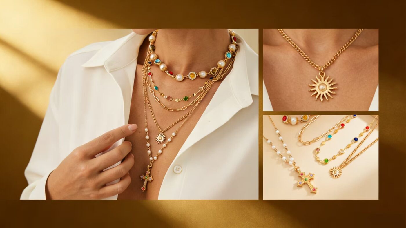 5Pcs Stackable Antique Cross Pendant Necklace Pearl Choker