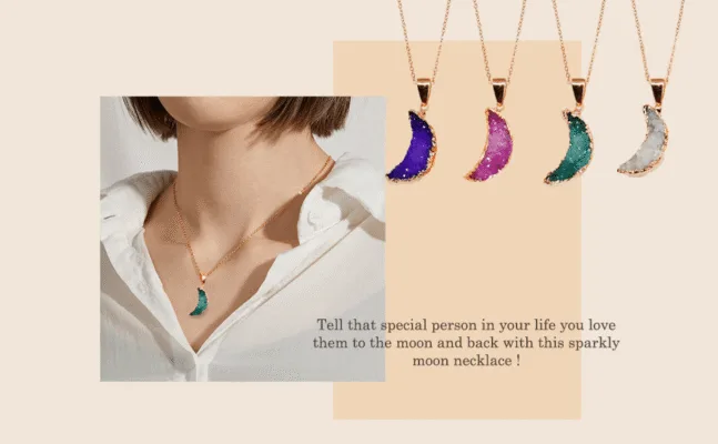 Shiny Gold-Rimmed Crescent Moon Crystal Necklace Wholesale