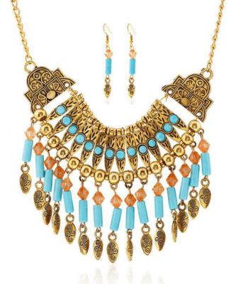 Crystal Drop Earrings Silver & Bohemian Necklace Set