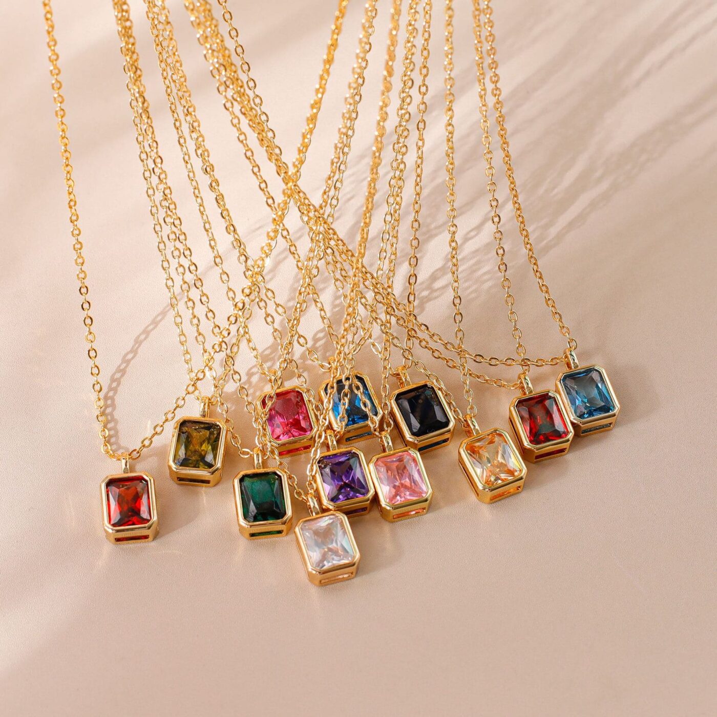 18K Gold Square Cut Zircon Personalized 12 Birth Months Necklace