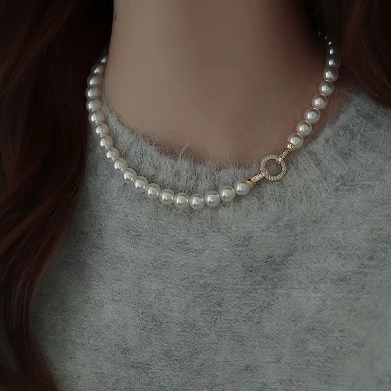 Gray White Pearl and Beaded Necklace Sweater Chain