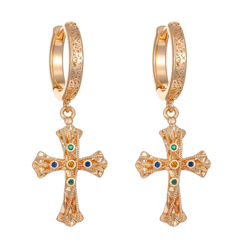 2 Vintage Textured Dangle Gold Cross Earrings for Women