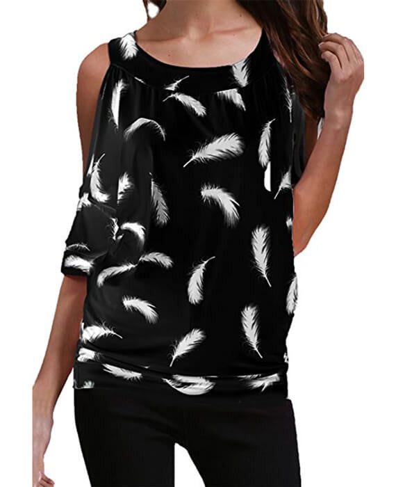 Cut Out Sleeve Feather Print Blouse T-Shirt