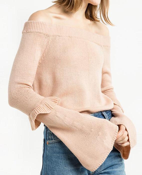 Long Flare Sleeve Ruffles Solid Pink Pullovers