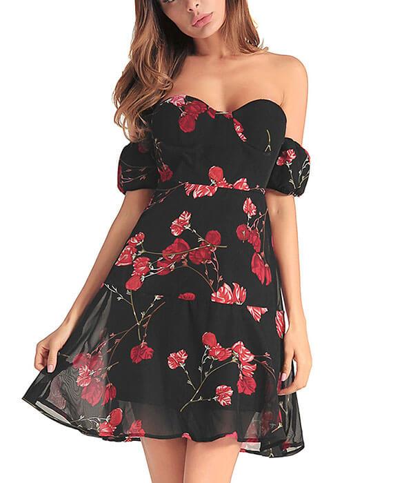 Black Floral Off the Shoulder Dress-2