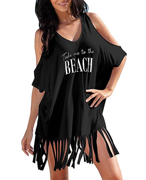 Hollow Out Shoulder Tassel Letters Print Beach Cover T-shirts