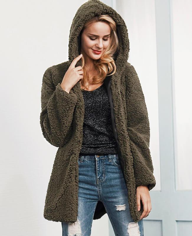 Solid Color Thick Fur Hooded Jacket