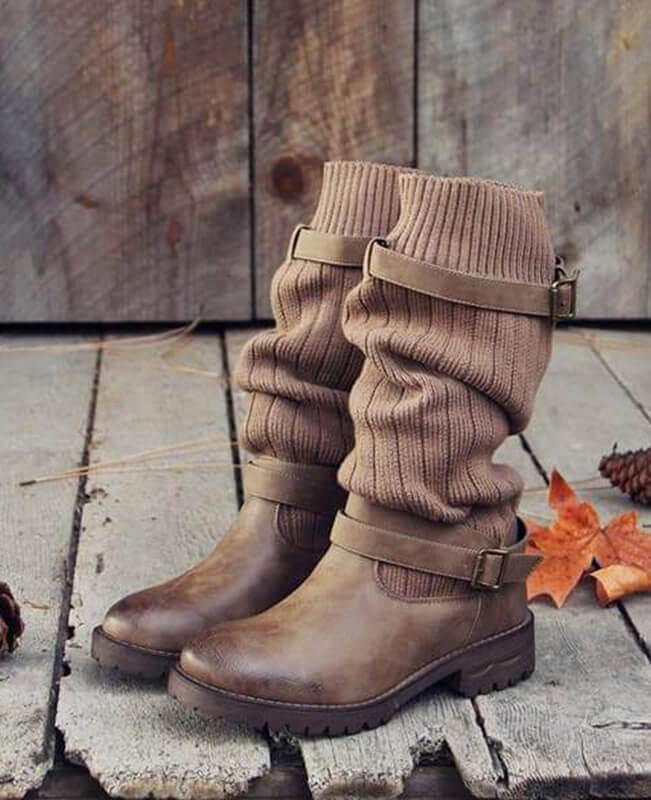 Cable Knit Patchwork Calf Boots-8