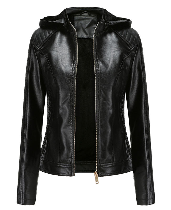 Plush Faux Leather Jacket with Hood