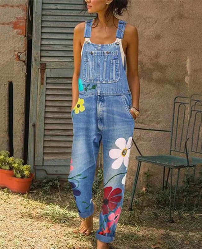Denim Overalls for Women Floral Embroidered Jeans
