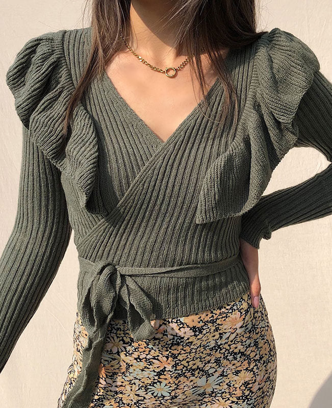 Sexy V Neck Lace-up Knitted Junior Sweater