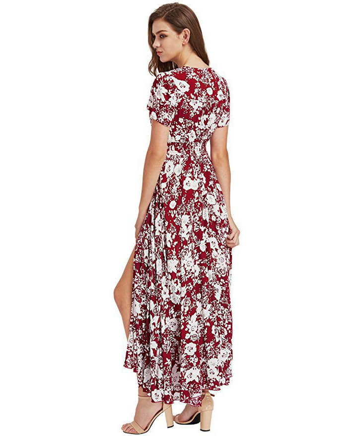 Women's Bohemian Floral Printed V Neck Short Sleeve Maxi Dress