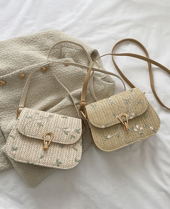Floral Embroidery Straw Saddle Bag