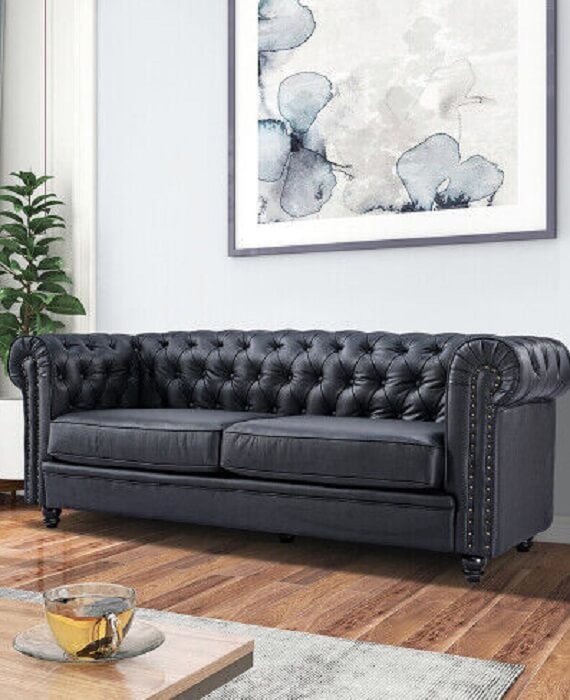 Genuine Leather Loveseat Chesterfield Sofa With Rolled Arm 5