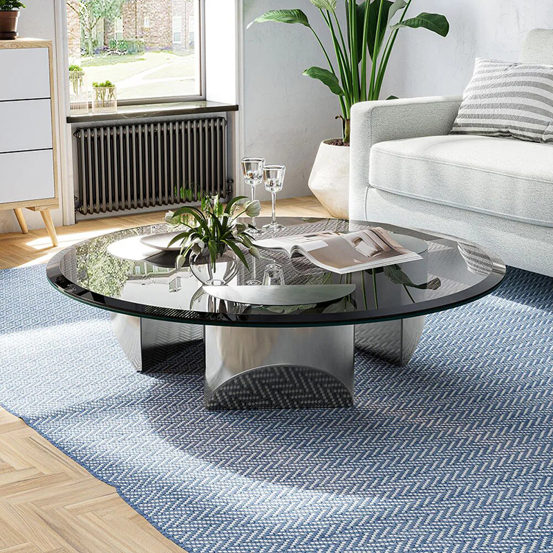 Premium Modern Round Glass Coffee Table Wedge Table with Heavy Duty Steel Legs 2