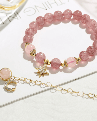 Rose Quartz Bracelet for Love with Moon Star Pendant