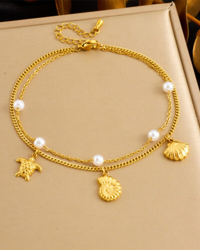 Vue alternative de Beach Shell Double-layered Stainless Steel Ankle Chain Wholesale