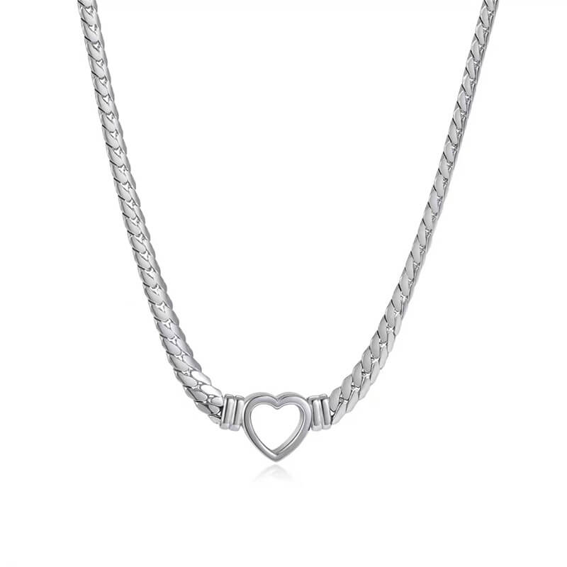 18K Gold Plated 304 Stainless Steel Flat Chain with Heart Wholesale -silvery