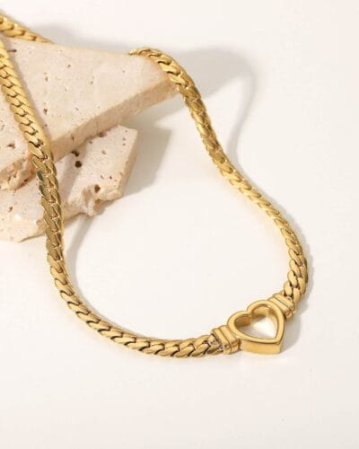18K Gold Plated 304 Stainless Steel Flat Chain with Heart Wholesale 6