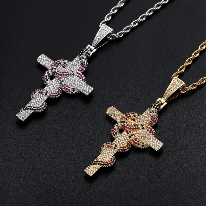 18K Gold Plated Cross with Snake Necklace Zircon Diamond 4