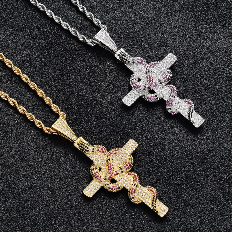 18K Gold Plated Cross with Snake Necklace Zircon Diamond 7