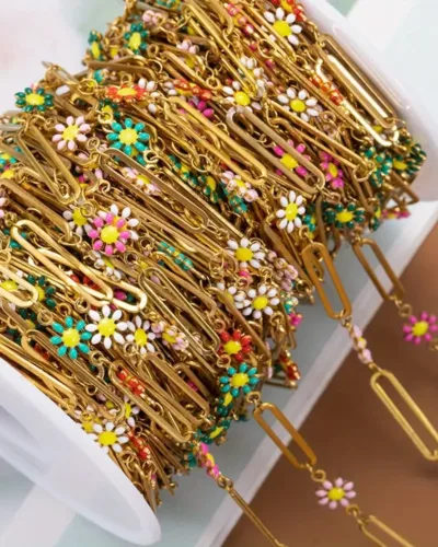 1M 18k Gold Plated Stainless Steel Chain with Daisy Flower Bead for DIY 