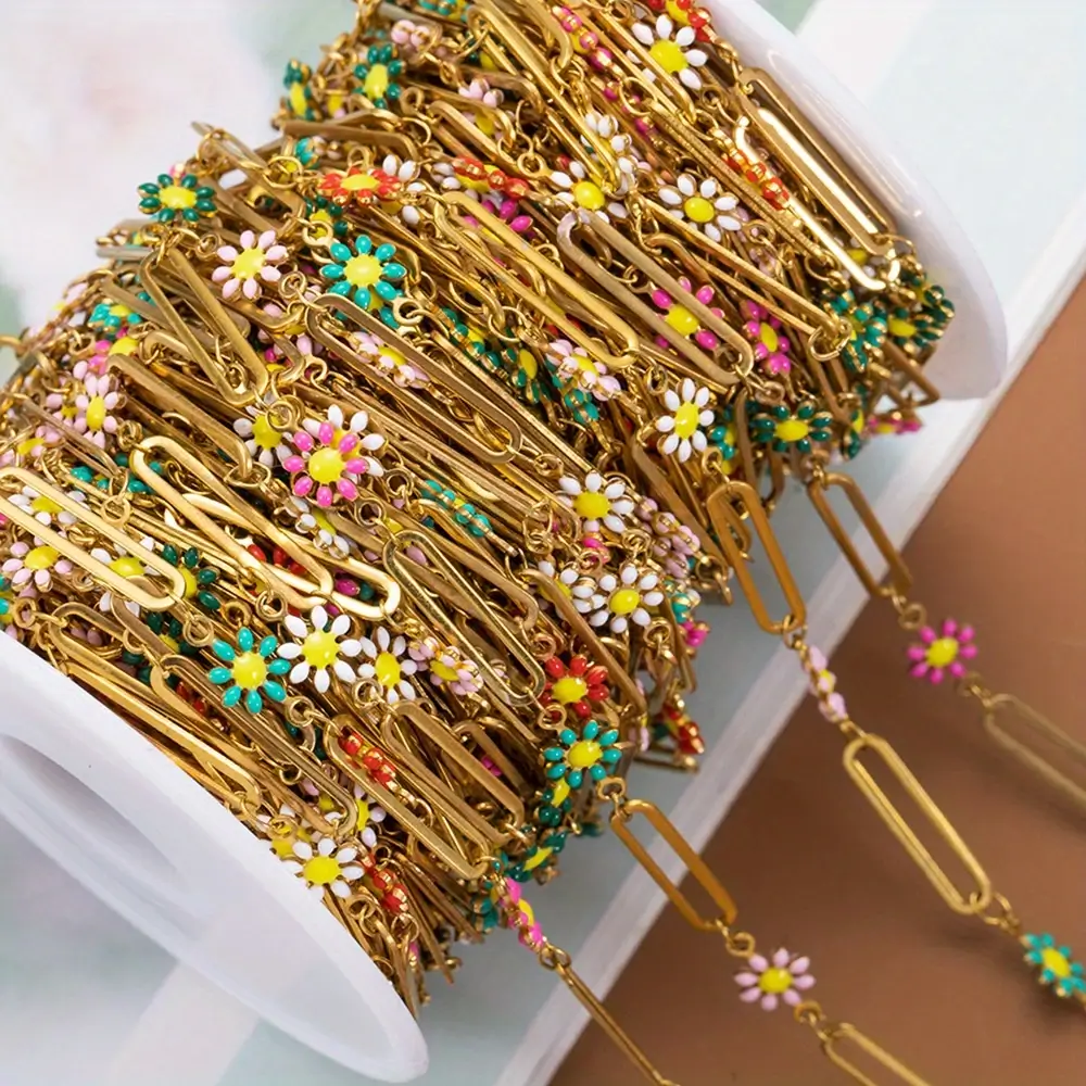 1M 18k Gold Plated Stainless Steel Chain with Daisy Flower Bead for DIY