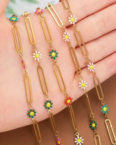 1M 18k Gold Plated Stainless Steel Chain with Daisy Flower Bead for DIY 