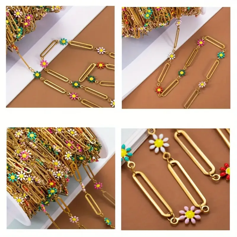1M 18k Gold Plated Stainless Steel Chain with Daisy Flower Bead for DIY 4