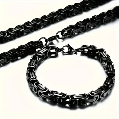 304 Stainless Steel Byzantine Chain Necklace and Bracelet Set for Men-black