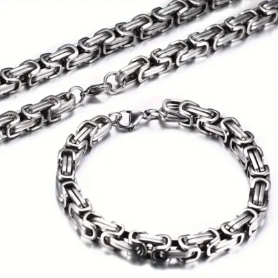 304 Stainless Steel Byzantine Chain Necklace and Bracelet Set for Men-silvery