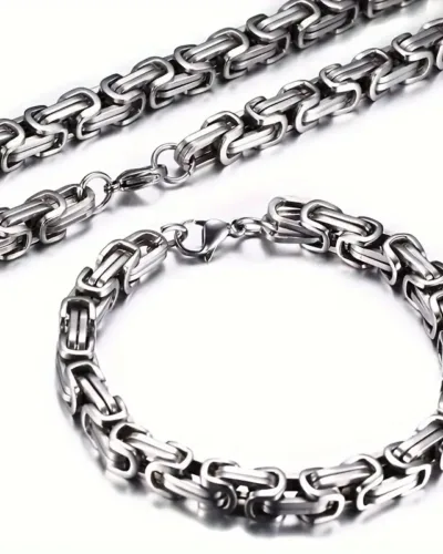 304 Stainless Steel Byzantine Chain Necklace and Bracelet Set for Men-silvery
