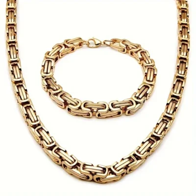 304 Stainless Steel Byzantine Chain Necklace and Bracelet Set for Men-gold