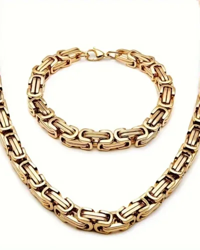 304 Stainless Steel Byzantine Chain Necklace and Bracelet Set for Men-gold