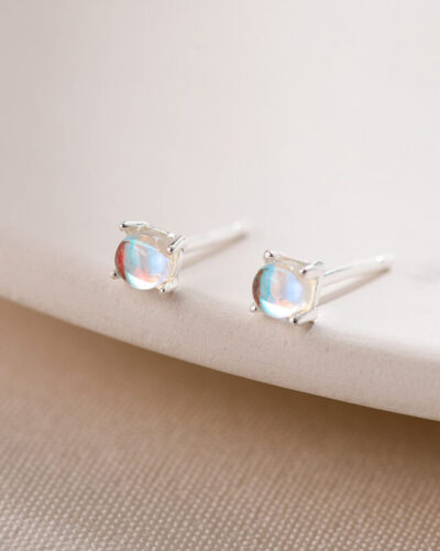 3mm Rainbow Moonstone Stud Earrings Silver WHITE GOLD PLATED