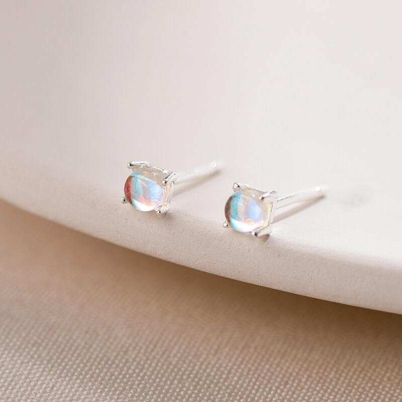 3mm Rainbow Moonstone Stud Earrings Silver WHITE GOLD PLATED