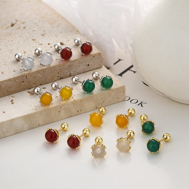 4mm S925 Silver Round Agate Stud Earrings Wholesale show