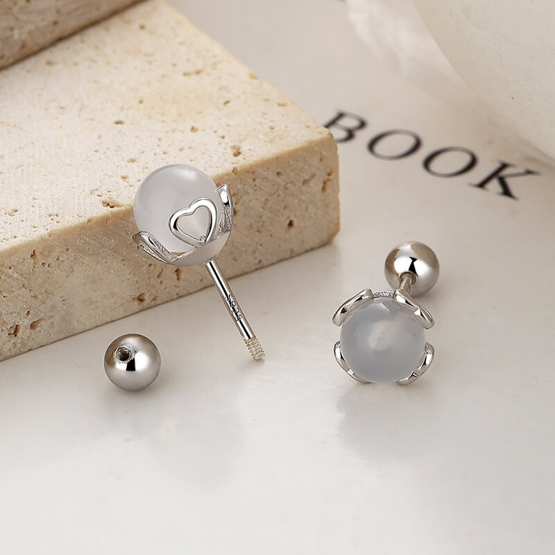 4mm S925 Silver Round Agate Stud Earrings Wholesale white agate white gold