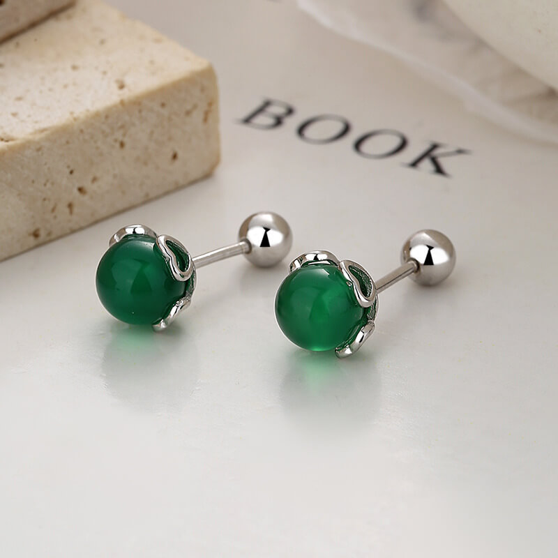 4mm S925 Silver Round Agate Stud Earrings Wholesale green agate white gold