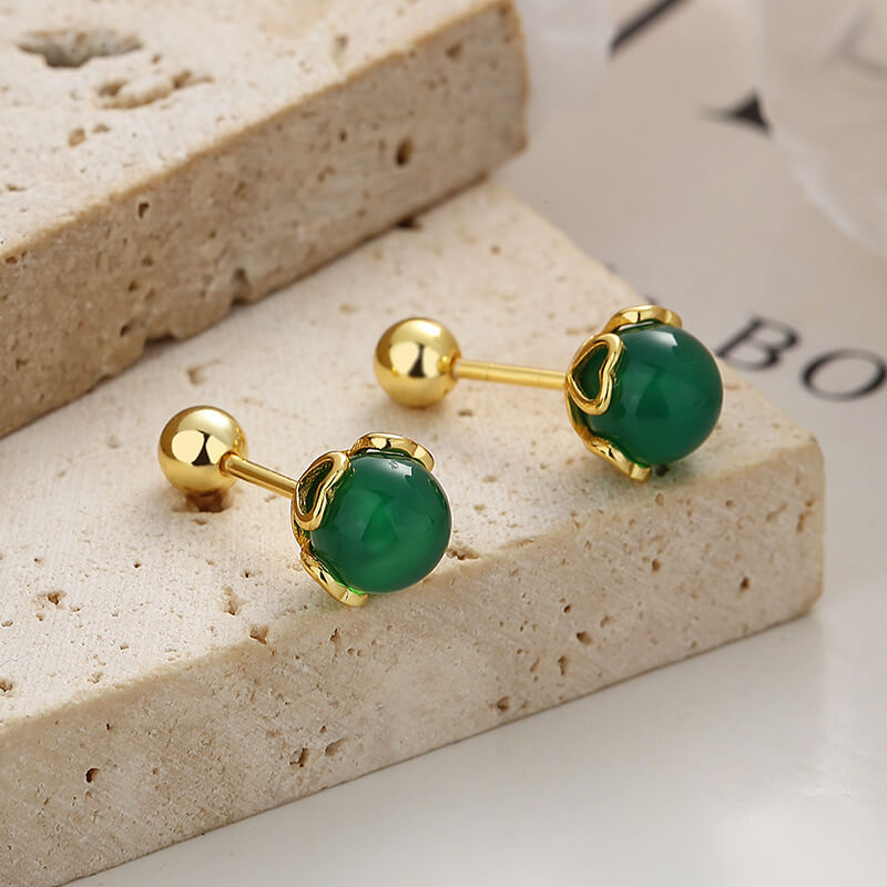 4mm S925 Silver Round Agate Stud Earrings Wholesale green agate gold