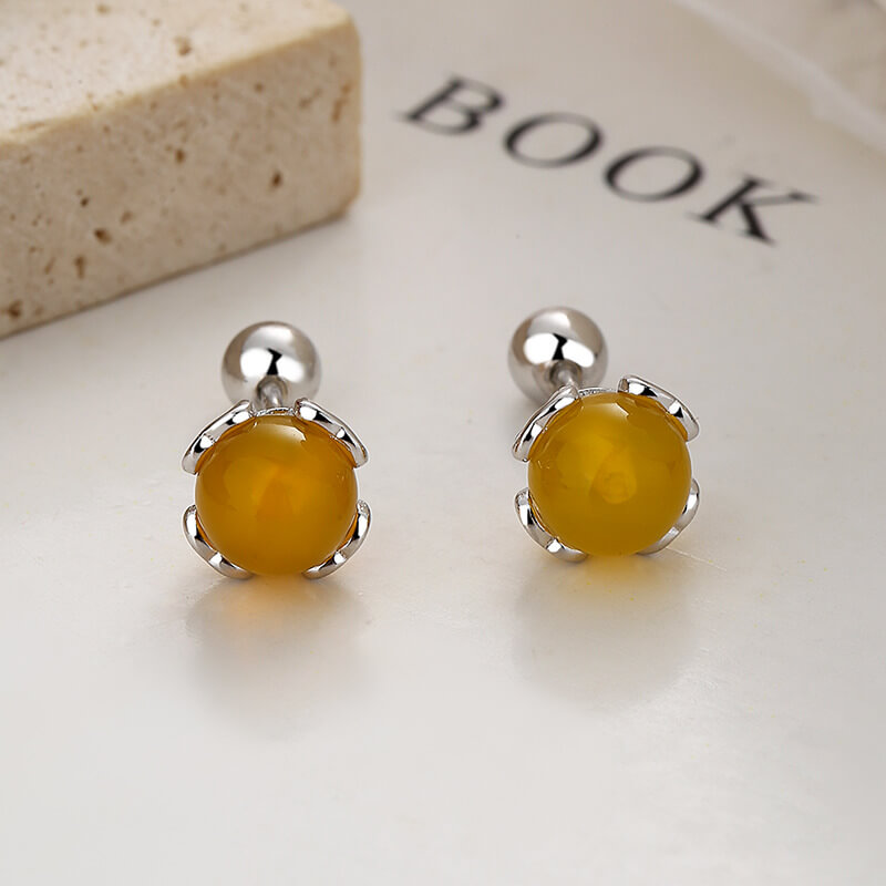 4mm S925 Silver Round Agate Stud Earrings Wholesale yellow agate white gold