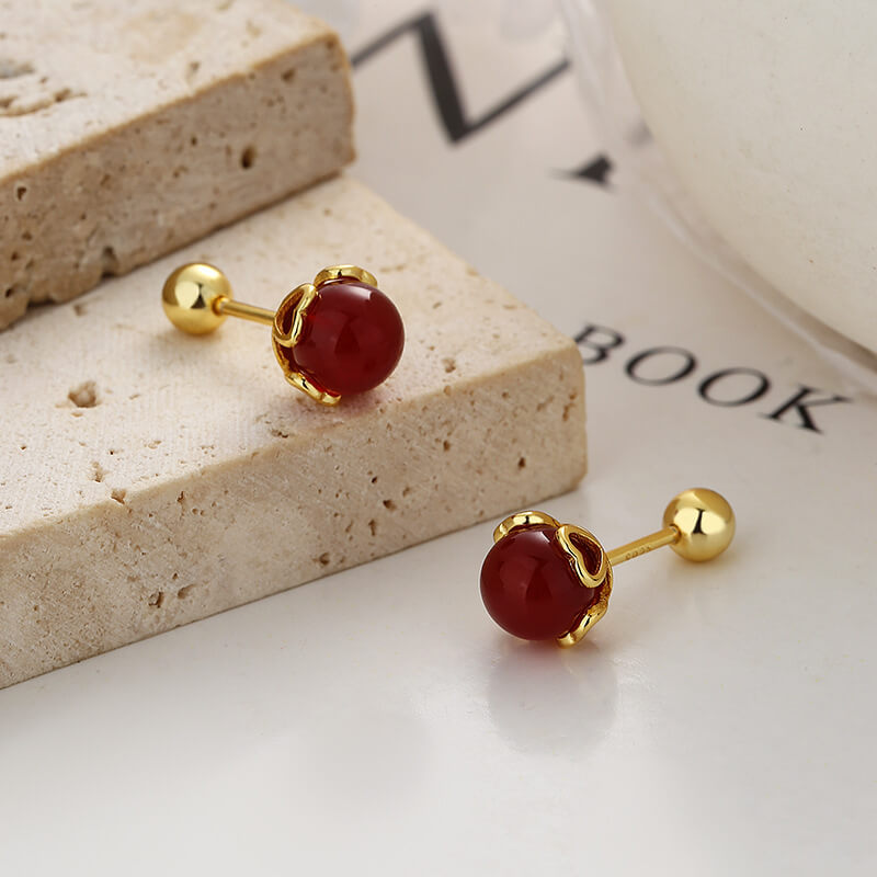 4mm S925 Silver Round Agate Stud Earrings Wholesale red agate gold
