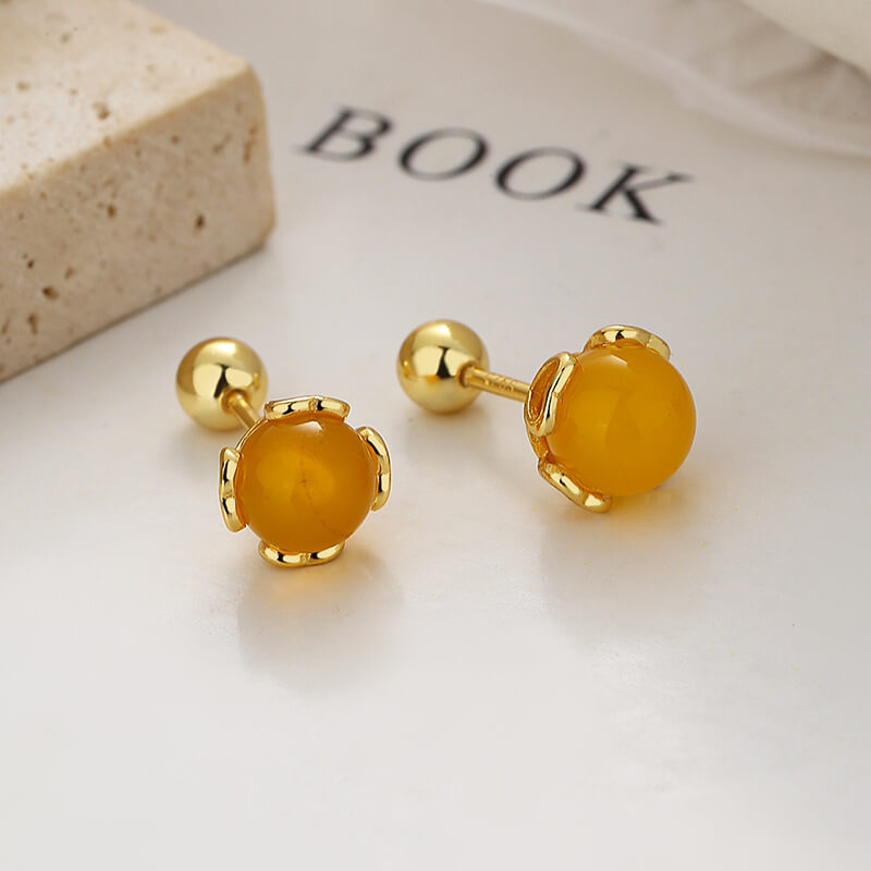 4mm S925 Silver Round Agate Stud Earrings Wholesale yellow agate gold