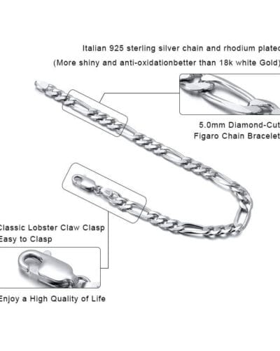 5MM Solid 925 Silver Figaro Bracelet Chain Wholesale Hip hop 5